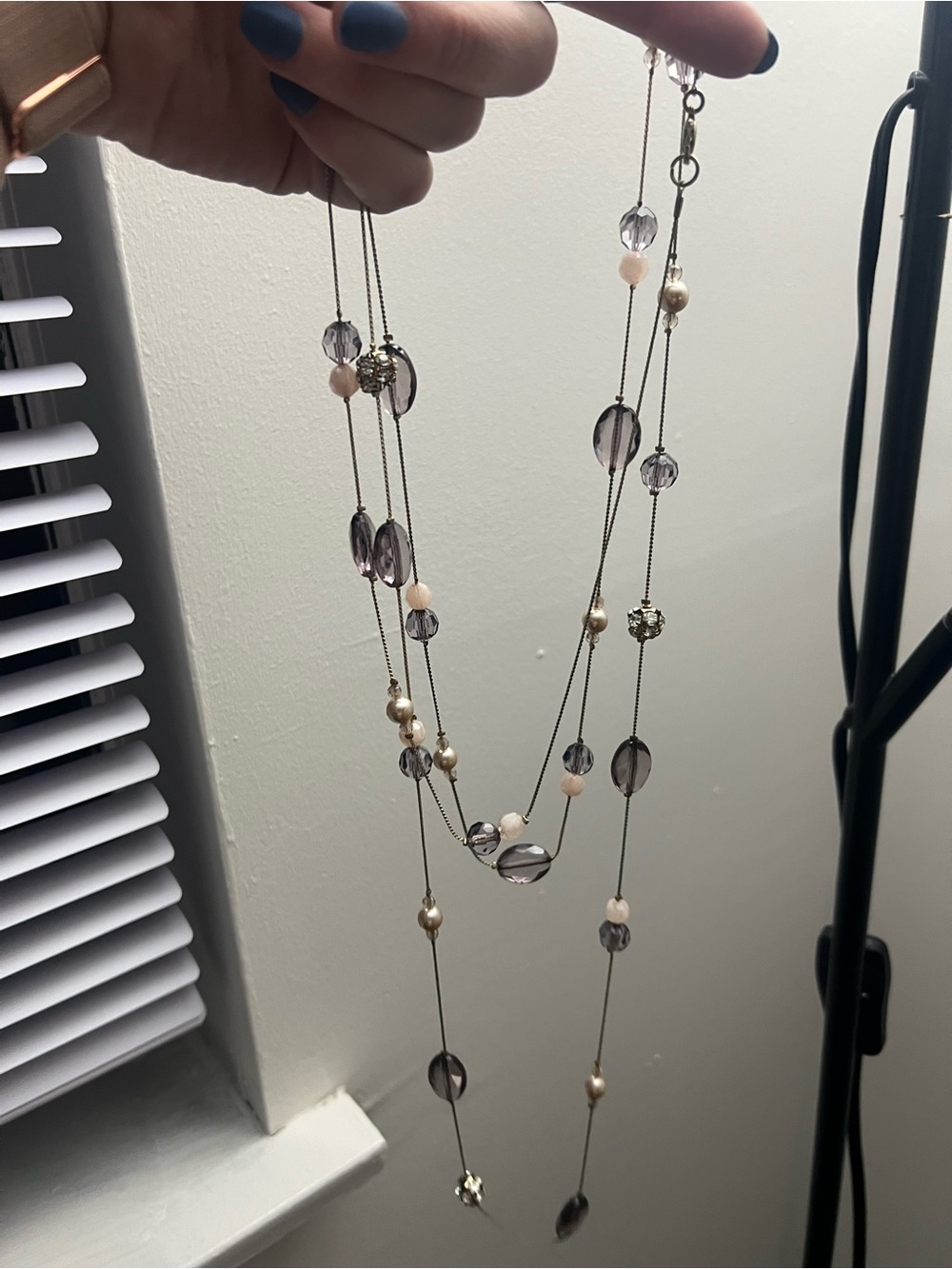 Long Purple Beaded Layering Necklace Faux Pearl Rhinestone Multi Strand